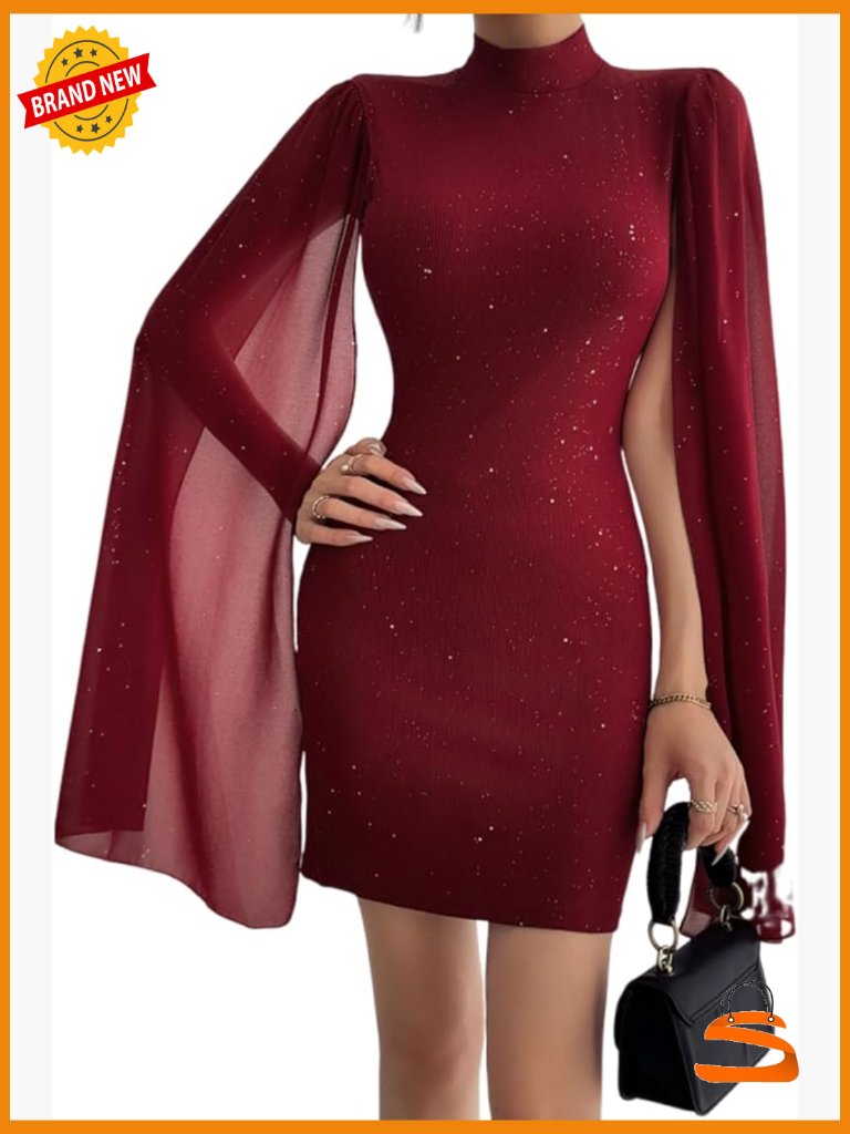 Mock Neck Long Sleeve Sparkly Knit Bodycon Homecoming Dress